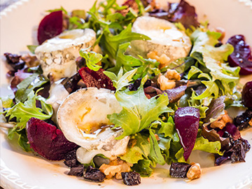 Warm Goat Cheese, Beet, Walnut and Prune Salad