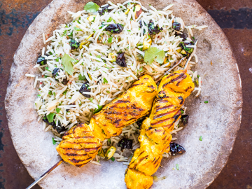 Prune Pilaf with Chicken Skewers
