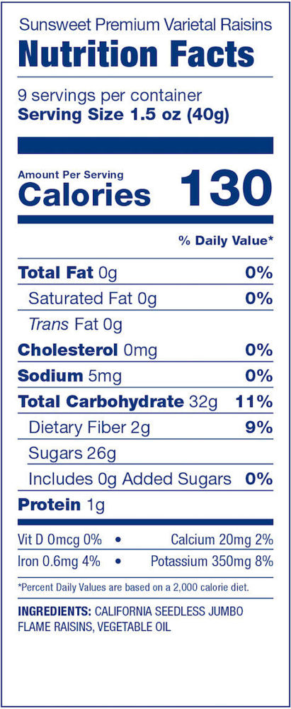 Sunsweet Premium Varietal Raisins Nutrition Facts